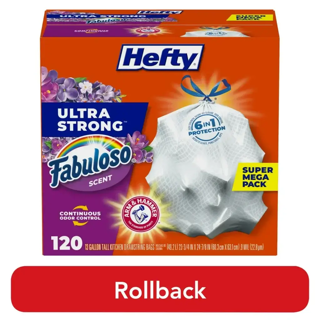 (Walmart)  off Hefty Ultra Strong 13 gallon Trash Bags, Tall Kitchen Trash Bags, White, Fabuloso Scent, 120 Bags