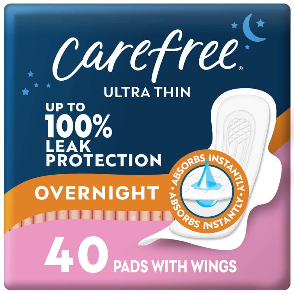 CAREFREE® Ultra Thin Overnight Pads With Wings, 40 Count, Multi-Fluid Absorption, Protection For Up To 10 Hours