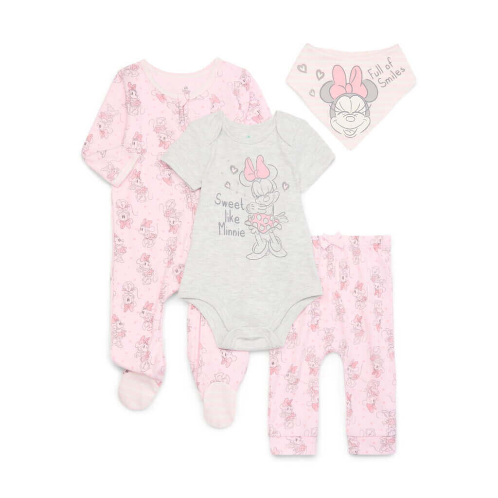 Disney Baby Wishes and Dreams Character Baby Layette Newborn Essentials Gift Set, 4-Piece, Sizes Newborn-6/9 Months