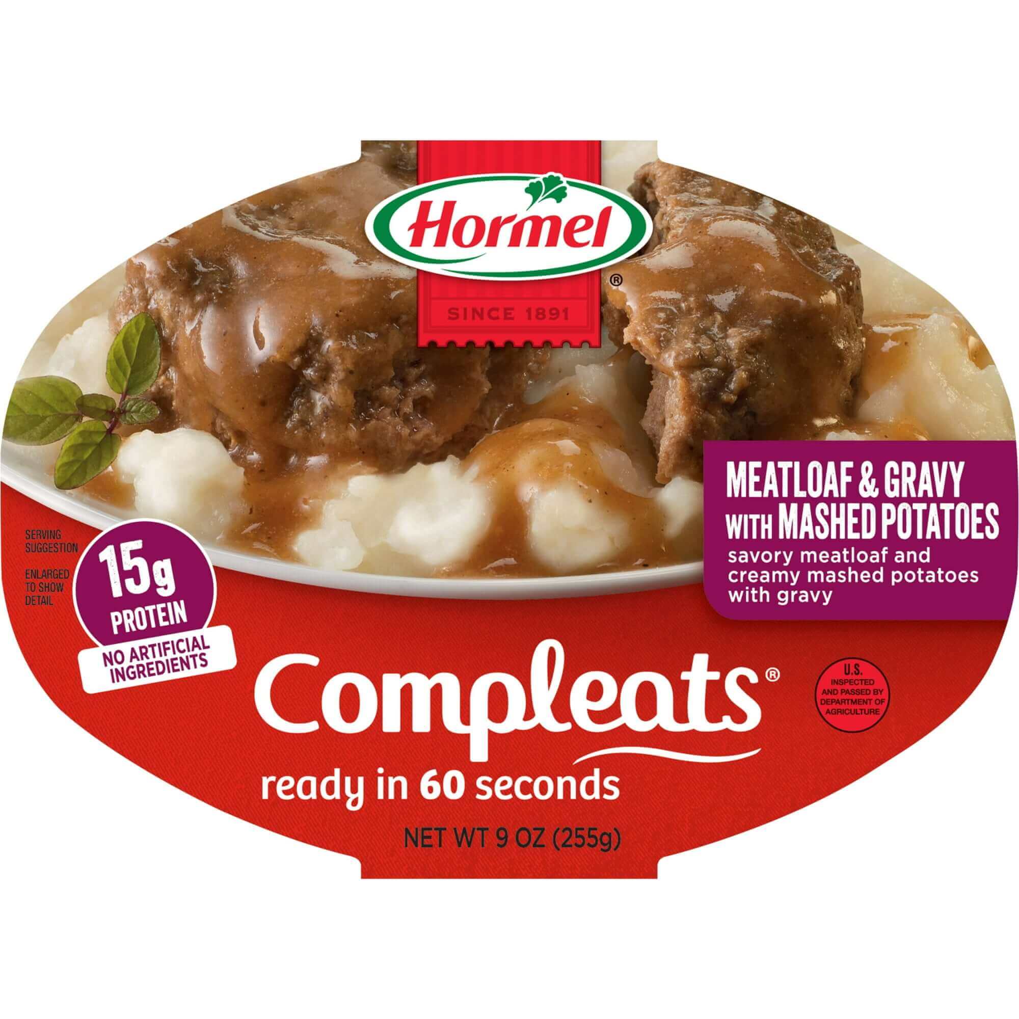 HORMEL COMPLEATS Meatloaf & Gravy with Mashed Potatoes, Shelf-Stable, 9 oz Plastic Microwaveable Tray