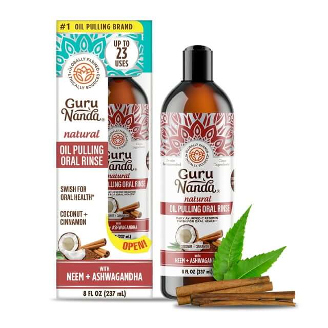 GuruNanda Coconut & Cinnamon Oil Pulling Flavor + Neem & Ashwagandha - Oral Rinse Mouthwash - 8 oz