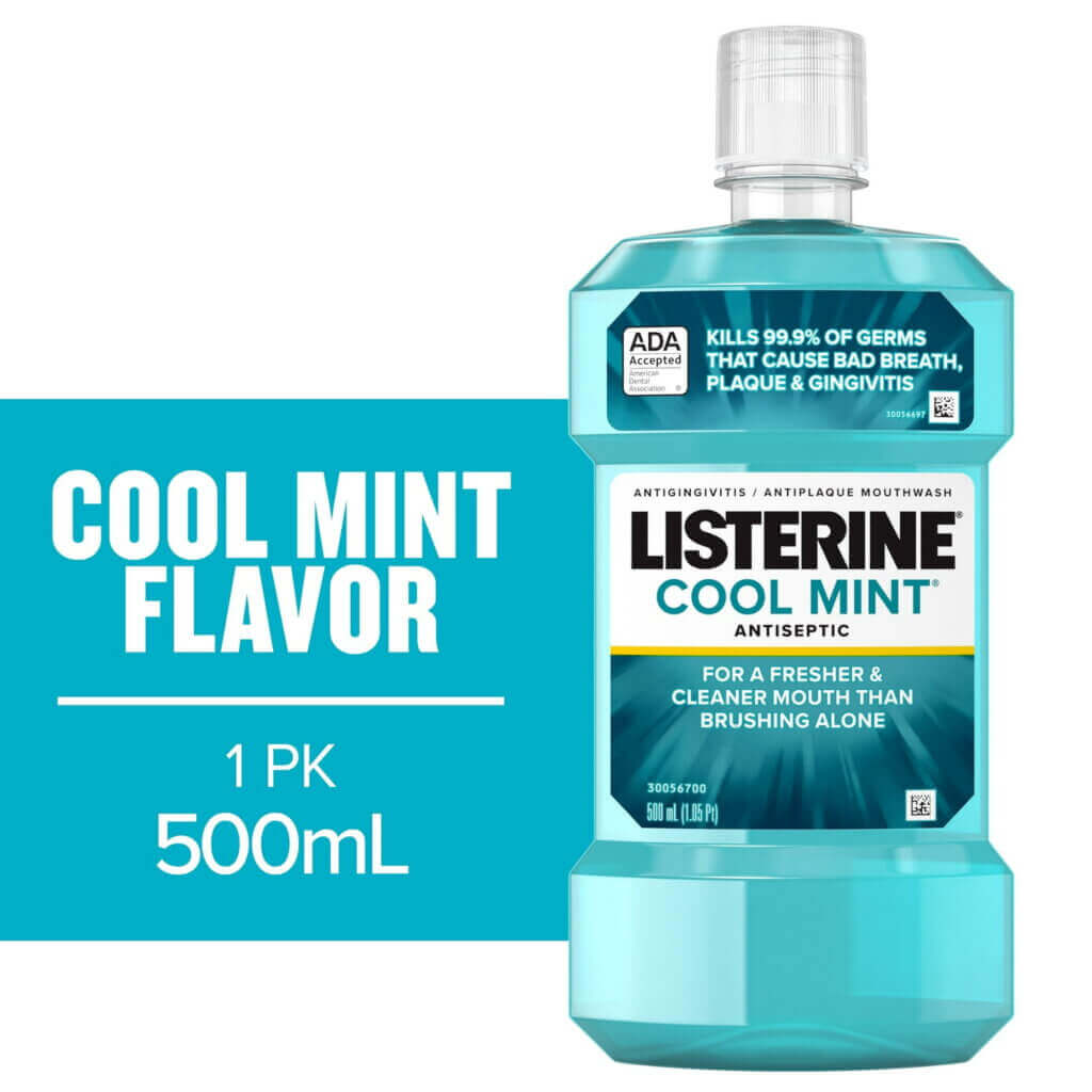 Listerine Cool Mint Antiseptic Mouthwash, Bad Breath & Plaque Oral Care, 500 mL