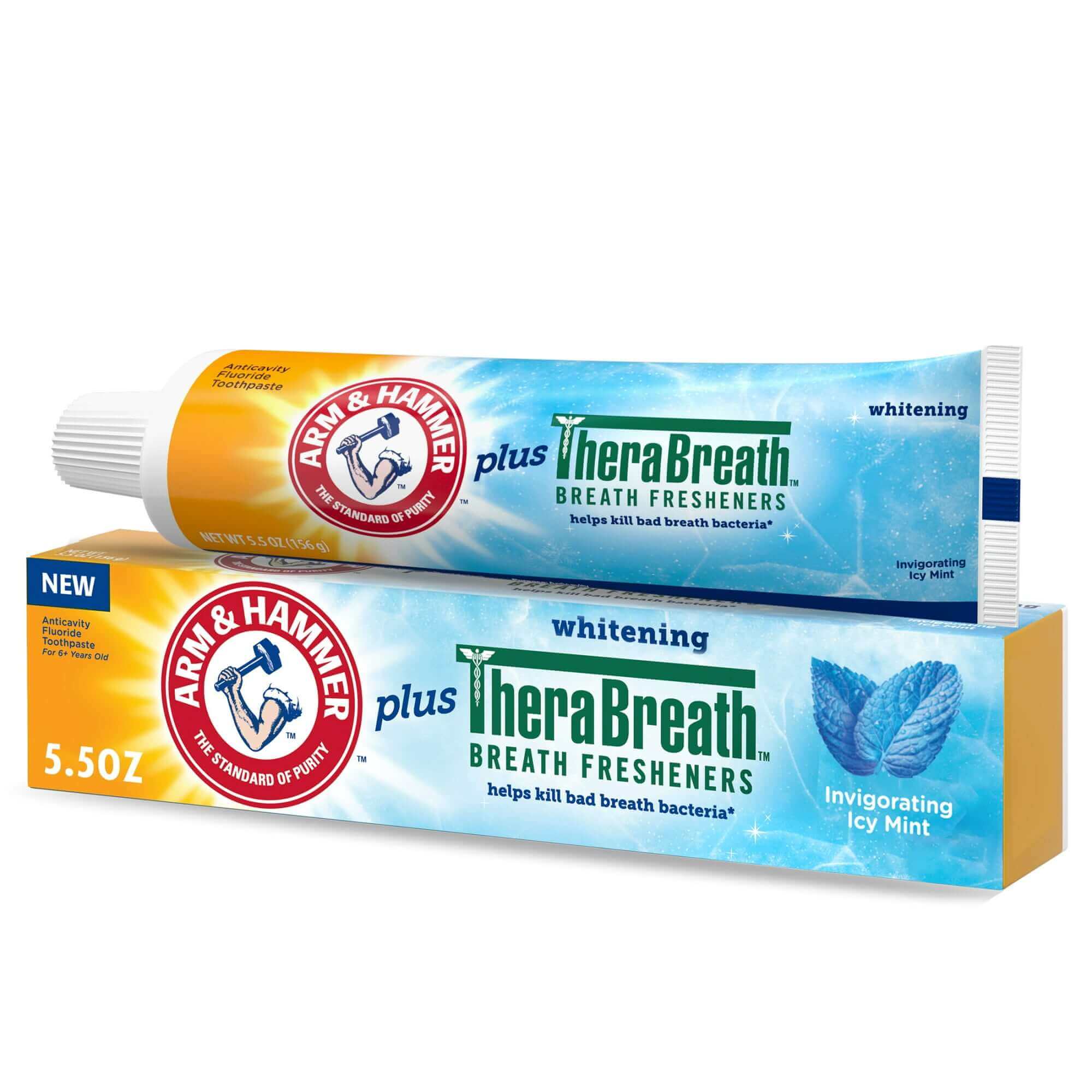 ARM & HAMMER Whitening Toothpaste Plus Therabreath Breath Fresheners, Invigorating Icy Mint, 5.5 oz
